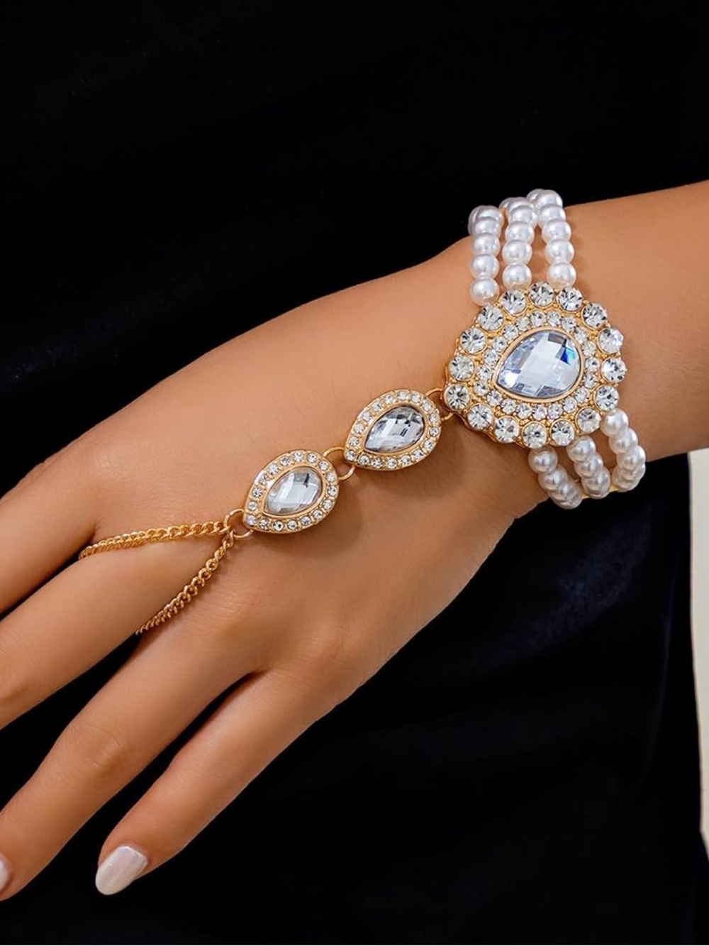 Anthropologie Gold Pearl and Crystal Hand Chain Bracelet